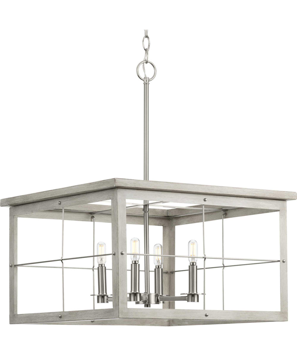 Hedgerow 4-Light Grey Washed Oak Farmhouse Style Chandelier Light Brushed Nickel