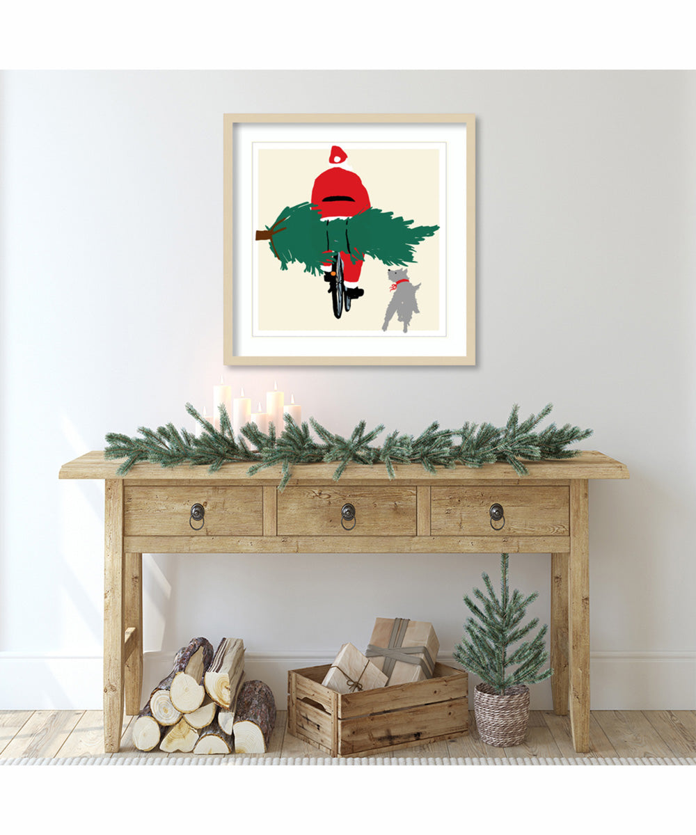 Spruced Up Santa on Bicycle by Jenny Frean Wood Framed Wall Art Print (25  W x 25  H), Svelte Natural Frame