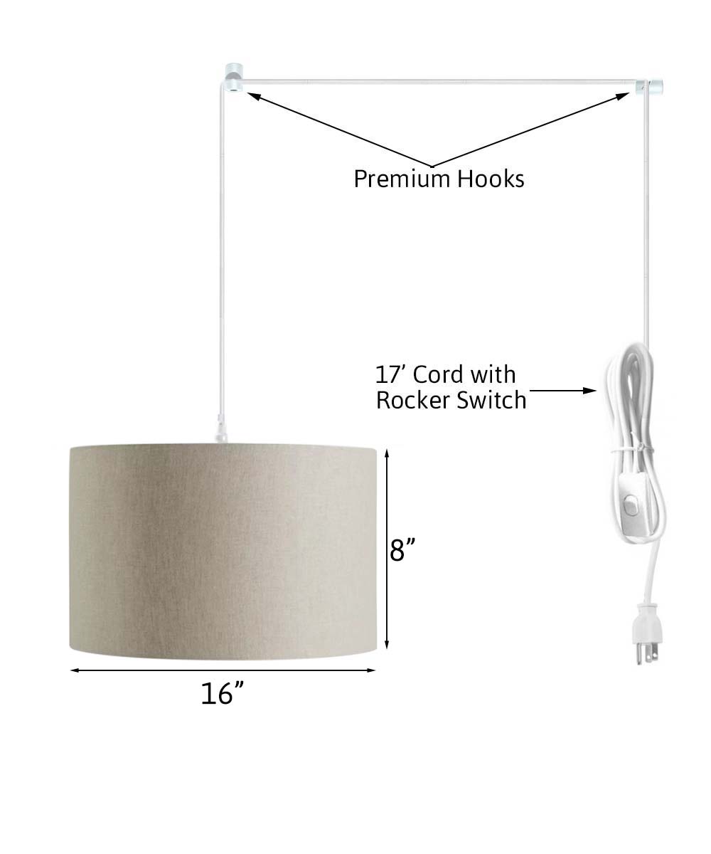 1 Light Swag Plug-In Pendant 16"w Light Oatmeal Linen Drum Shade, 17' White Cord
