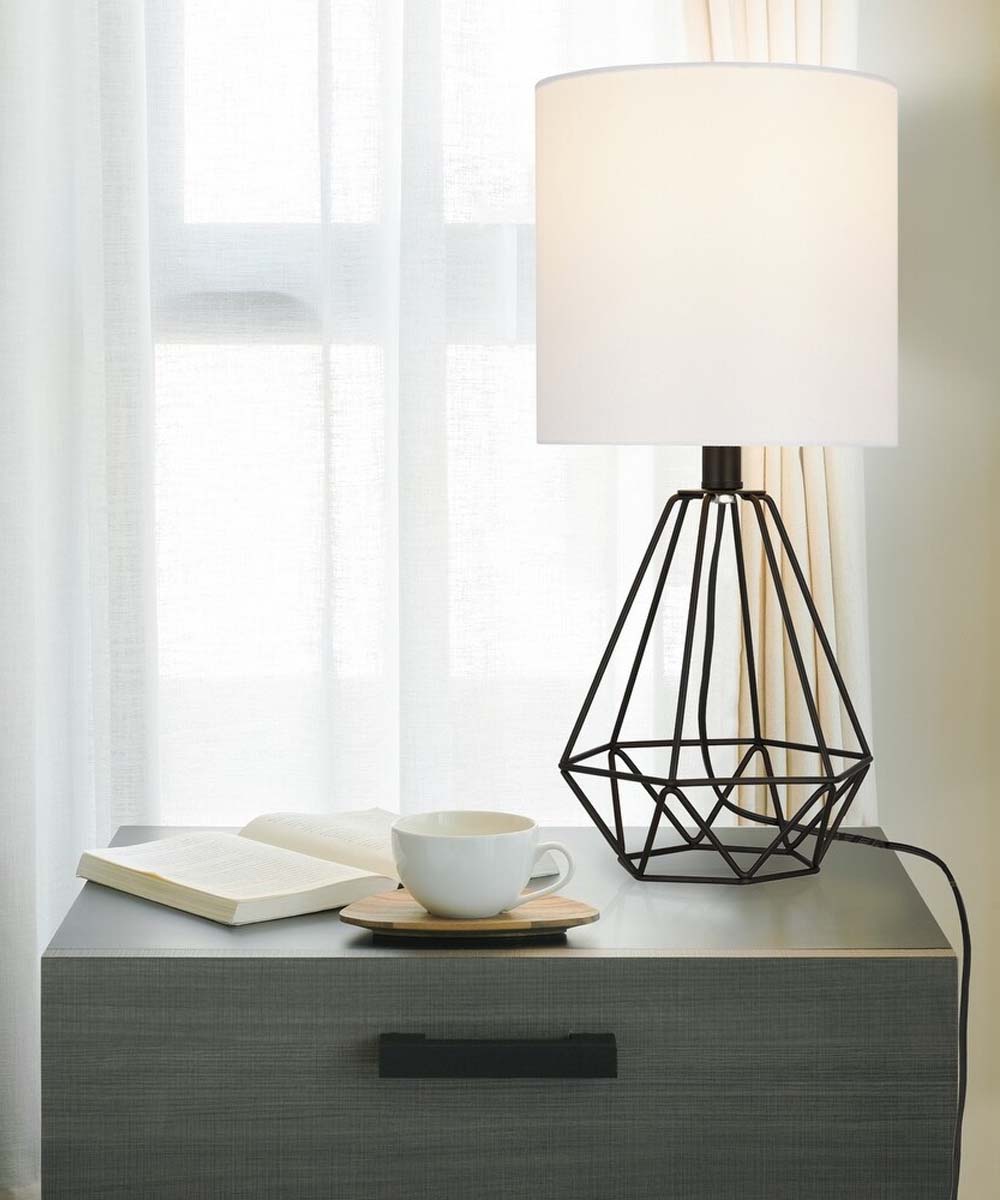 Catalina 18"H Metal Geometric Cage Matte Black Finish Table Lamp with White Linen Drum Shade