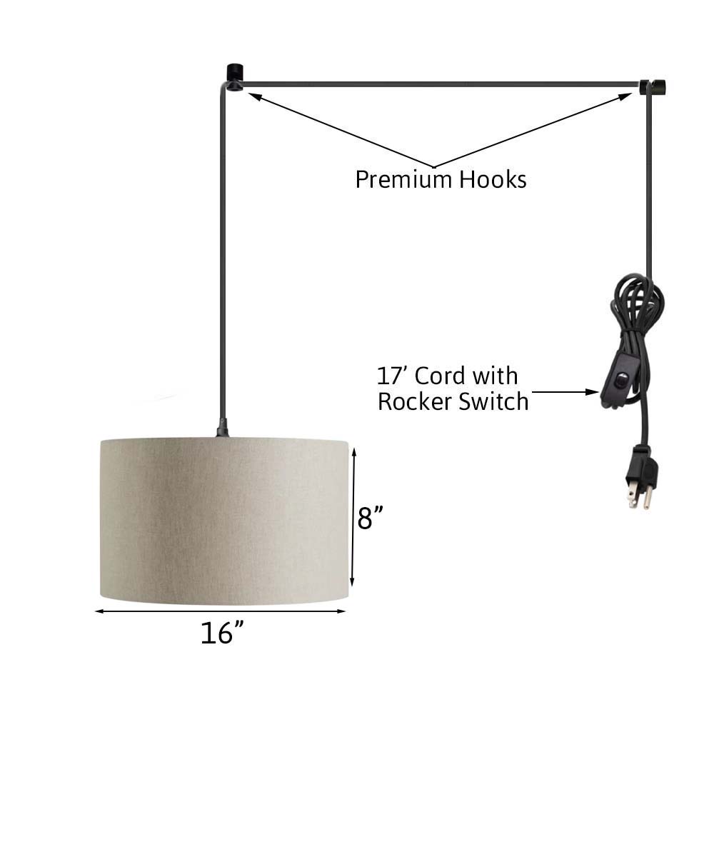 1 Light Swag Plug-In Pendant 16"w Light Oatmeal Linen Drum Shade, 17' Black Cord