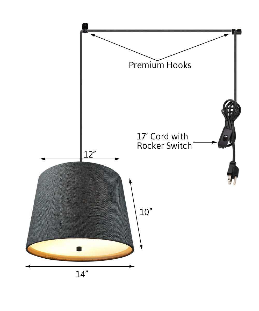 14"W 2 Light Swag Plug-In Pendant  Drum Granite Gray Burlap with Diffuser Black Cord