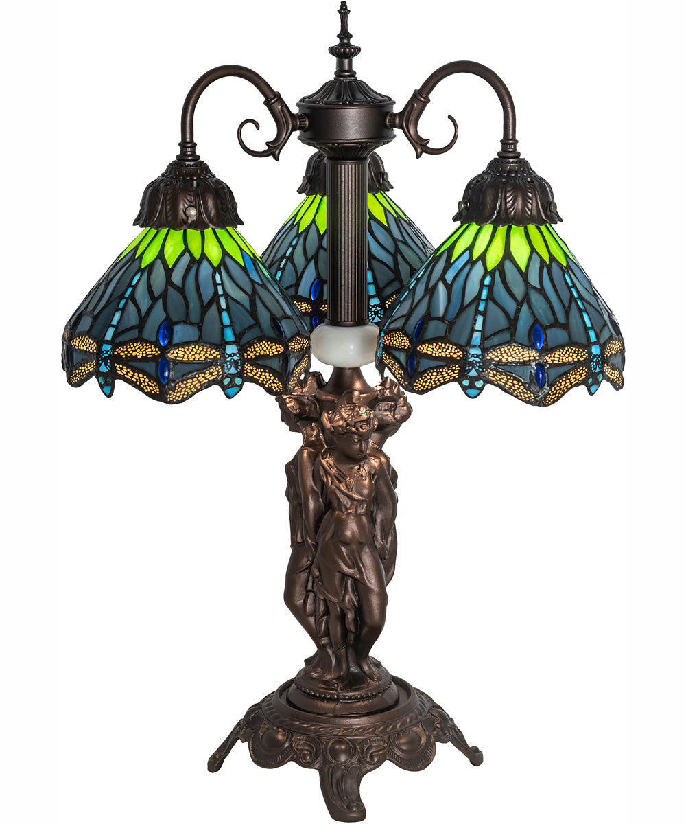 23" High Tiffany Hanginghead Dragonfly 3 Light Table Lamp
