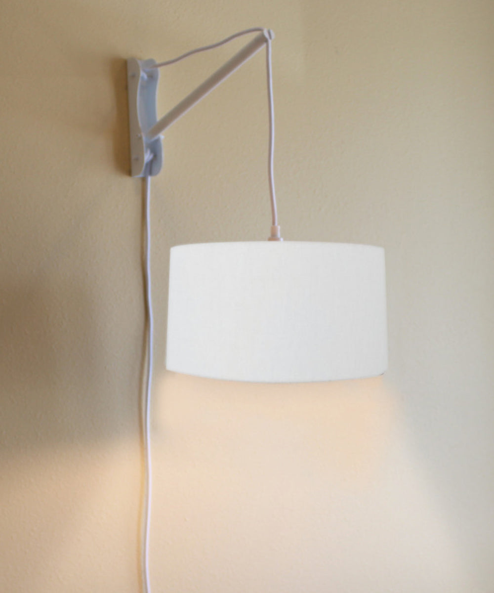 16"W 2 Light MAST Plug-In Wall Mount Pendant  White Linen Drum with Diffuser White Cord/Arm