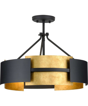 Lowery 3-Light Textured Black/Distressed Gold Convertible Semi-Flush Ceiling or Hanging Pendant Light Textured Black