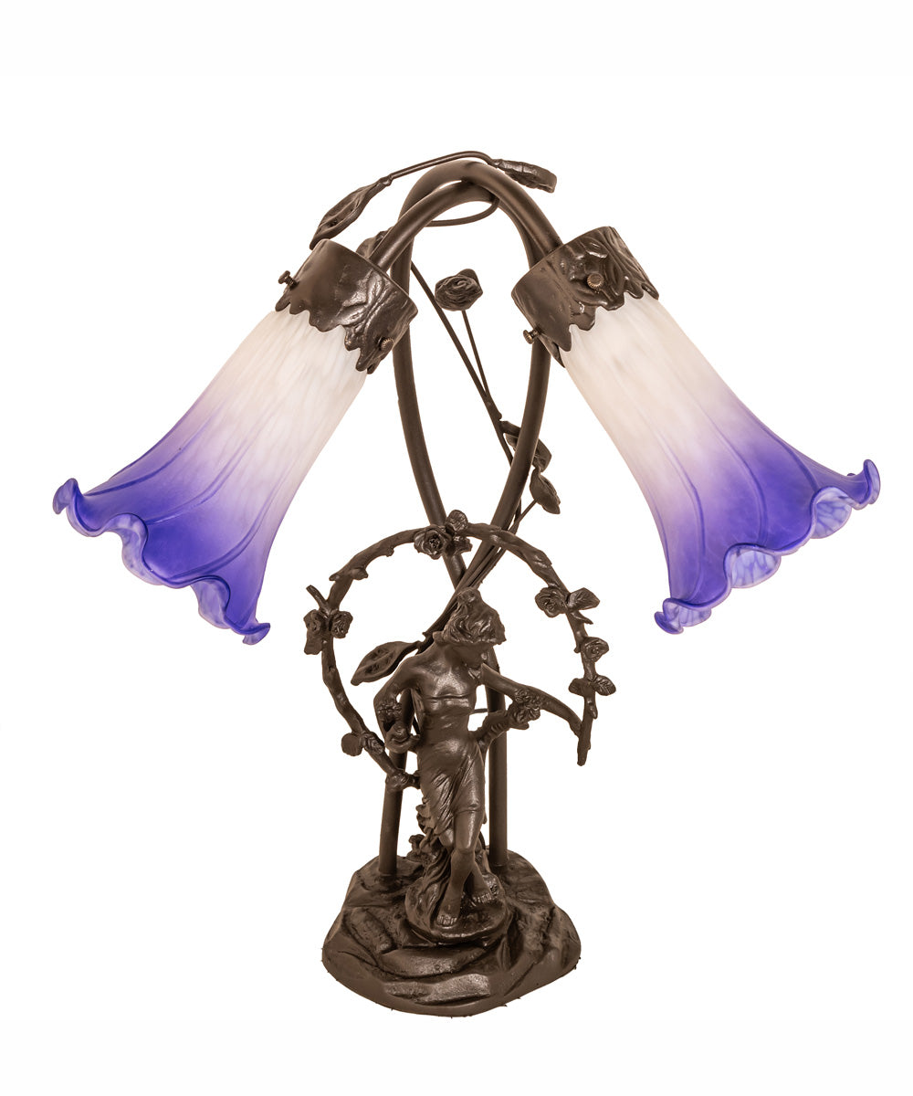 17" High Blue/White Pond Lily 2 Light Trellis Girl Table Lamp