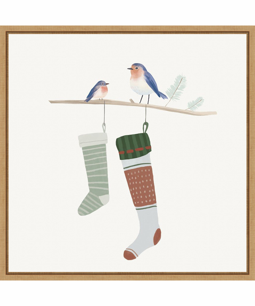 Framed Blue Birds of Christmas Happiness I by Lucca Sheppard Canvas Wall Art Print (22  W x 22  H), Sylvie Maple Frame