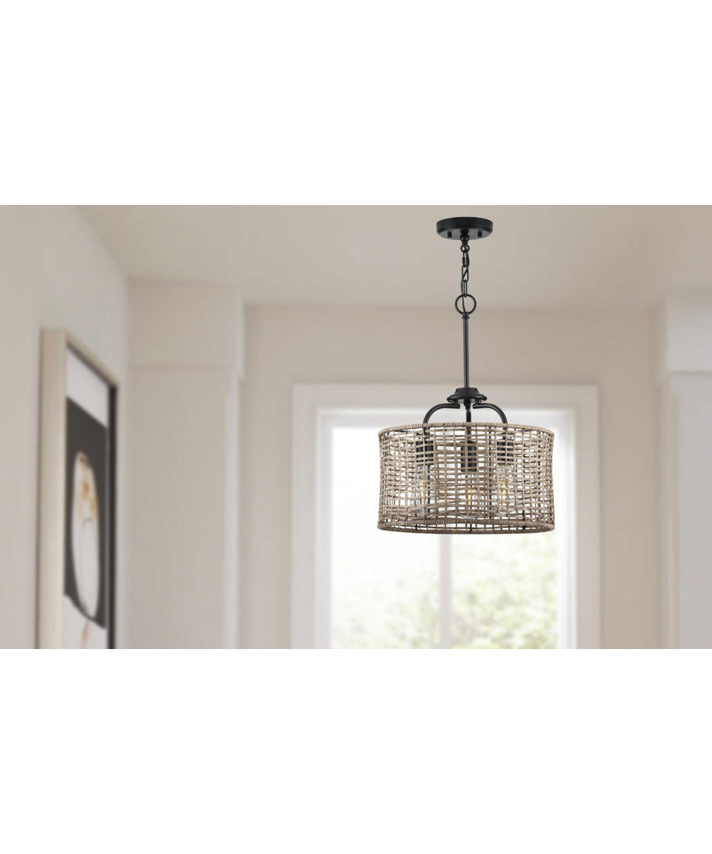 Lavelle 3-Light Mocha finish Rattan Convertible Semi-Flush Ceiling or Hanging Pendant Light Matte Black