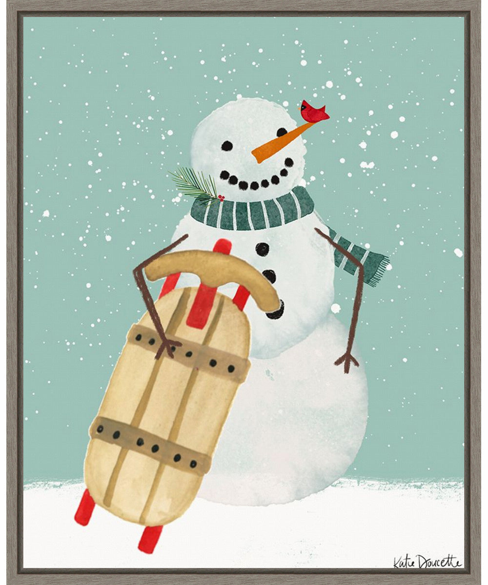 Framed Snowman and Sled by Katie Doucette Canvas Wall Art Print (23  W x 28  H), Sylvie Greywash Frame