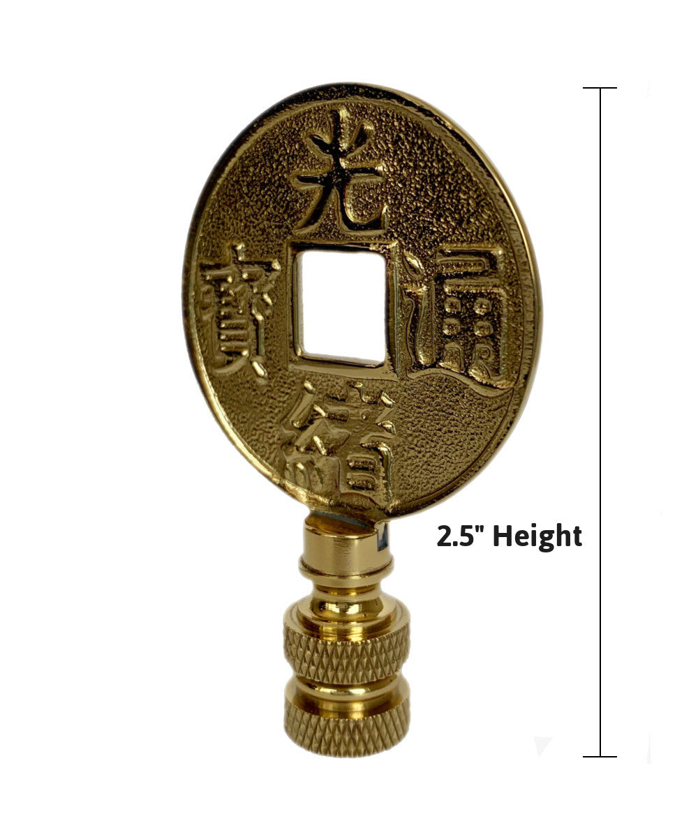 Mysterious East Chinese Coin Lamp Finial 2.5"h with Polished Brass Base