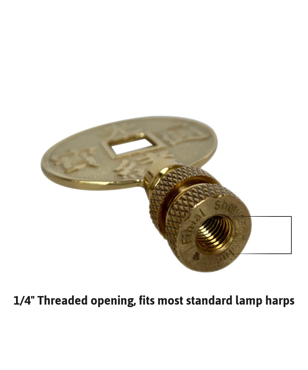 Mysterious East Chinese Coin Lamp Finial 2.5"h with Polished Brass Base