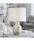 21"H 1-Light Table Lamp Ceramic and Steel in Cream and Blue with a Rolled-Edge Drum Shade