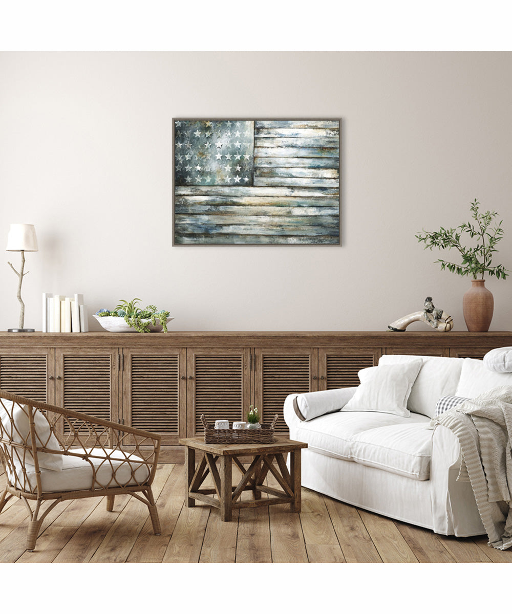 Framed Retired Patriot American Flag by Sydney Edmunds Canvas Wall Art Print (42  W x 32  H), Sylvie Greywash Frame