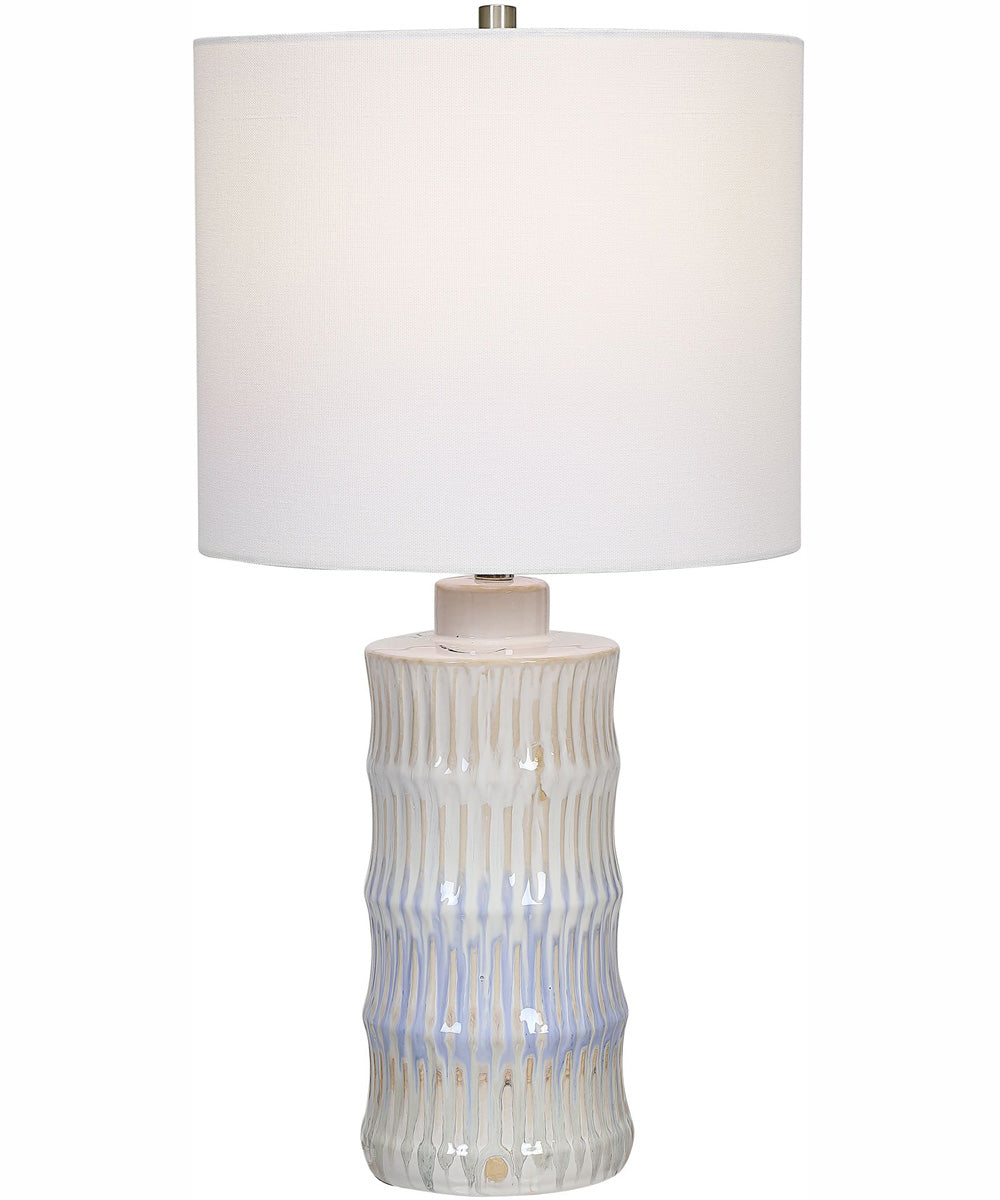 23"H 1-Light Table Lamp Ceramic and Steel in Cream and Tan and Blue with a Rolled-Edge Drum Shade