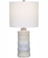 23"H 1-Light Table Lamp Ceramic and Steel in Cream and Tan and Blue with a Rolled-Edge Drum Shade