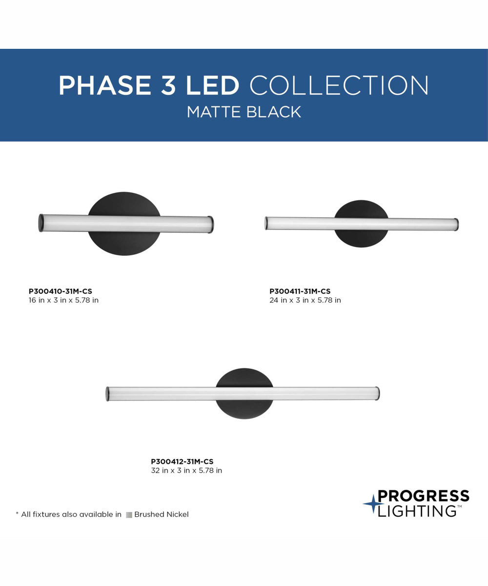 Phase 3 16 in. Small Modern 3CCT Integrated LED Linear Vanity Light Matte Black