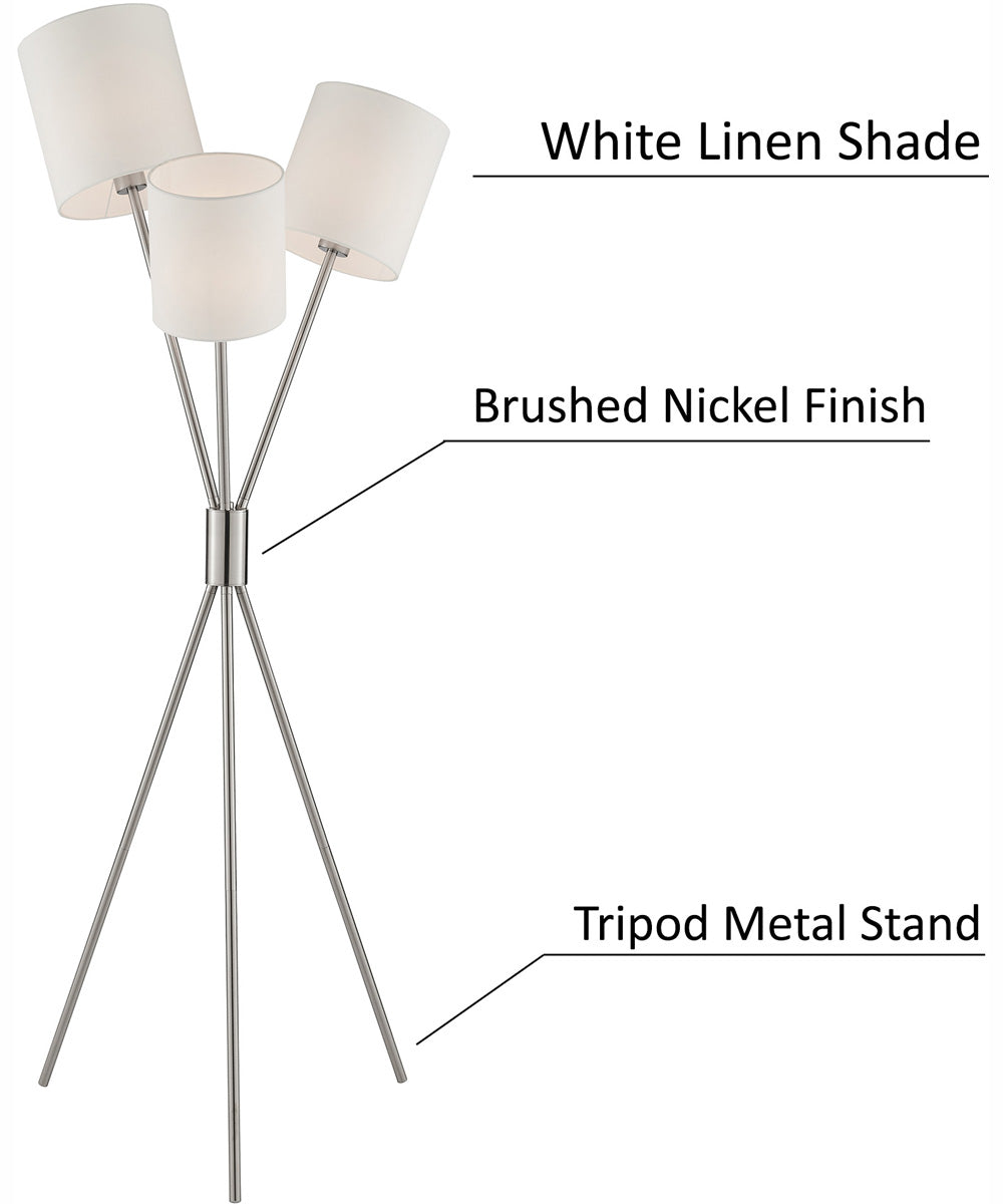 Crisanta 3-Light 3-Light Floor Lamp Brushed Nickel/White Linen