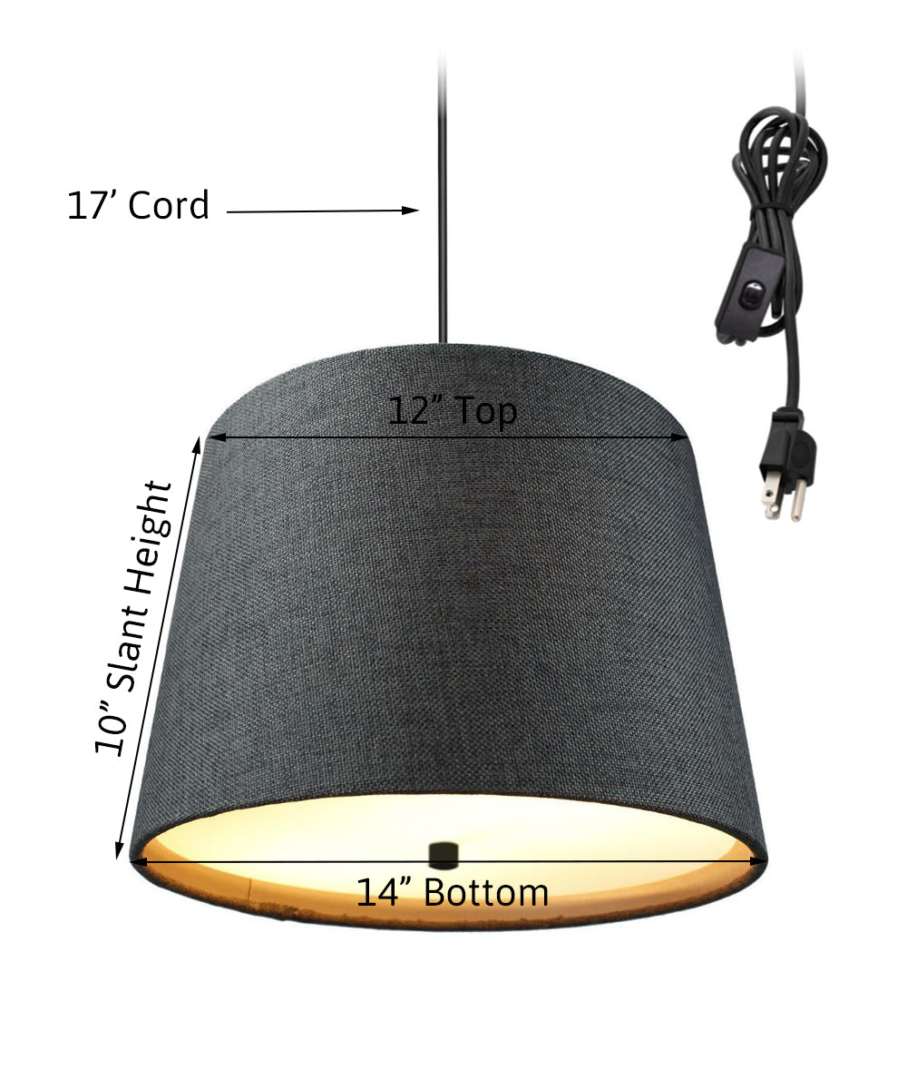 14"W 2 Light Swag Plug-In Pendant  Drum Granite Gray Burlap with Diffuser Black Cord
