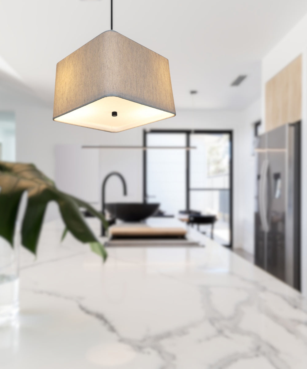 16" W 2 Light Pendant Rounded Corner Square Oatmeal Drum Shade with Diffuser, Black Cord