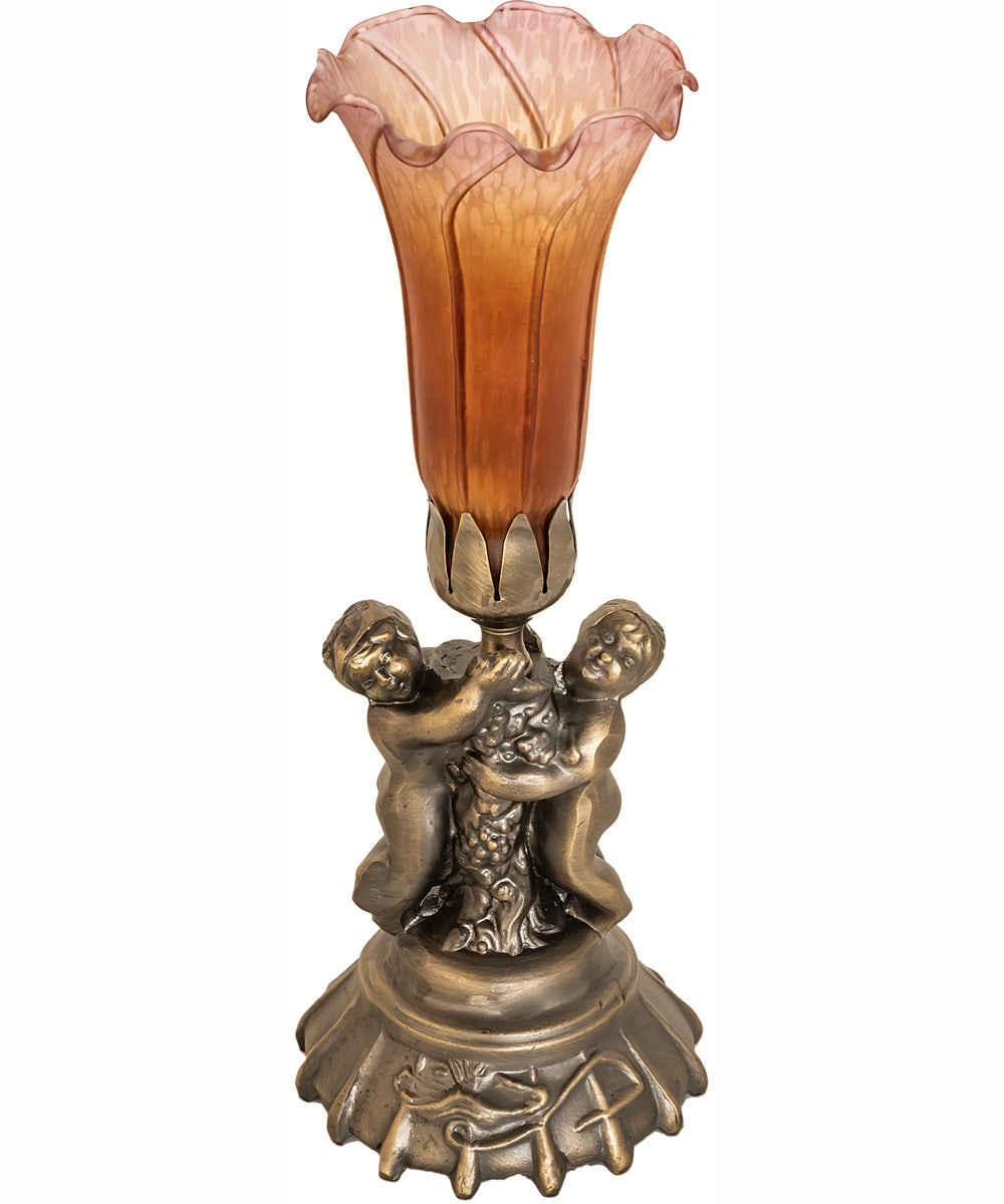 13" High Amber/Purple Tiffany Pond Lily Twin Cherub Accent Lamp