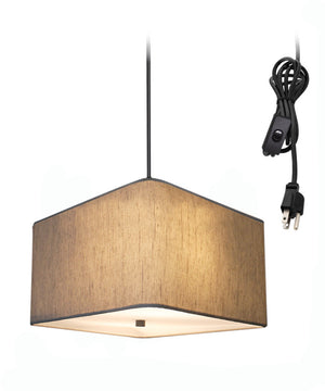 2 Light Swag Plug-In Pendant 12"w Rounded Corner Square Oatmeal Drum Shade with Diffuser, Black Cord