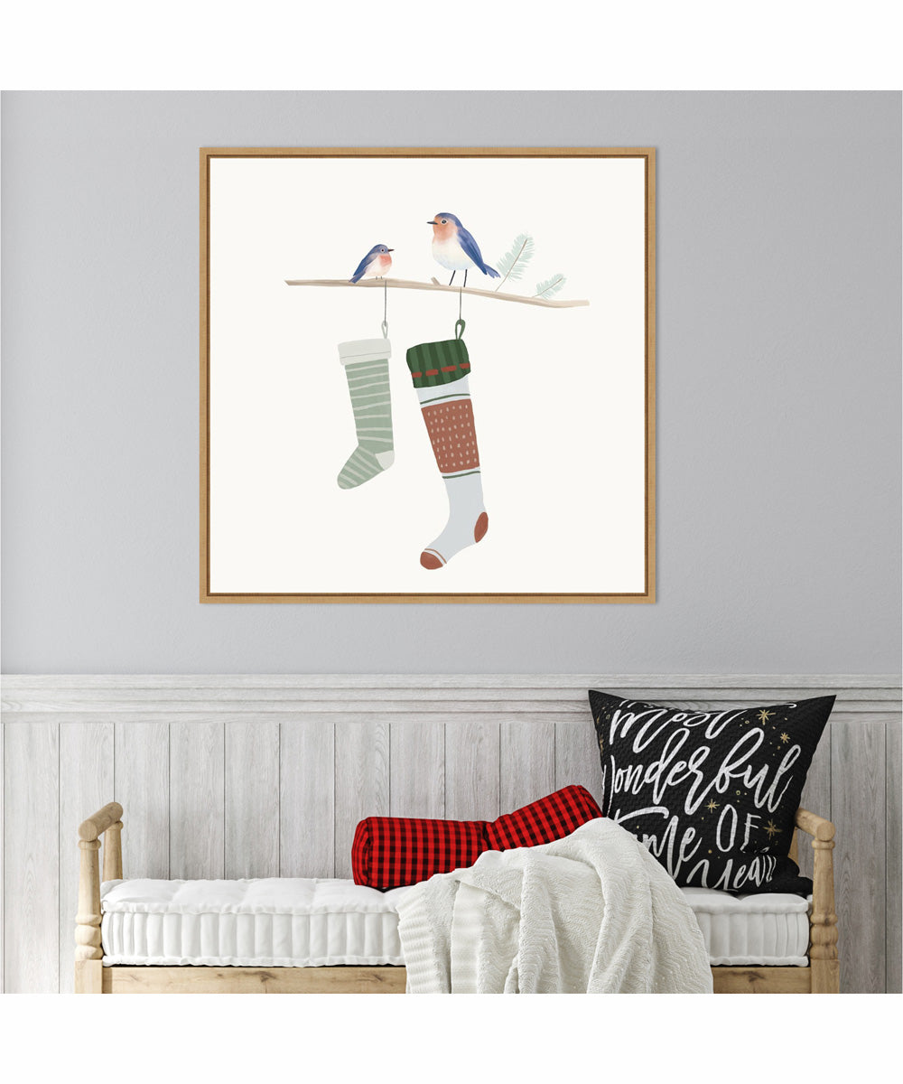 Framed Blue Birds of Christmas Happiness I by Lucca Sheppard Canvas Wall Art Print (30  W x 30  H), Sylvie Maple Frame