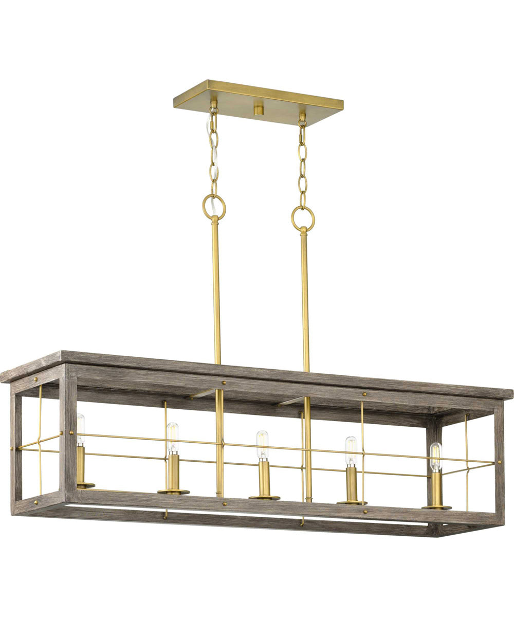 Hedgerow 5-Light Aged Oak Farmhouse Style Linear Island Chandelier Light Distressed Brass