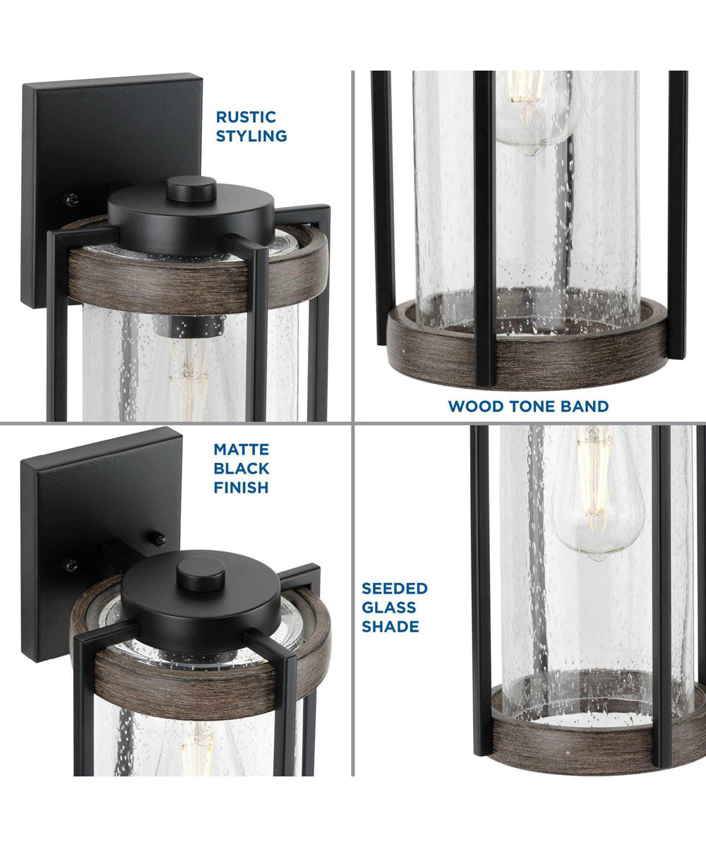 Whitmire  1-Light with Aged Oak Accents Clear Seeded Glass Farmhouse Outdoor Wall Lantern Light Matte Black