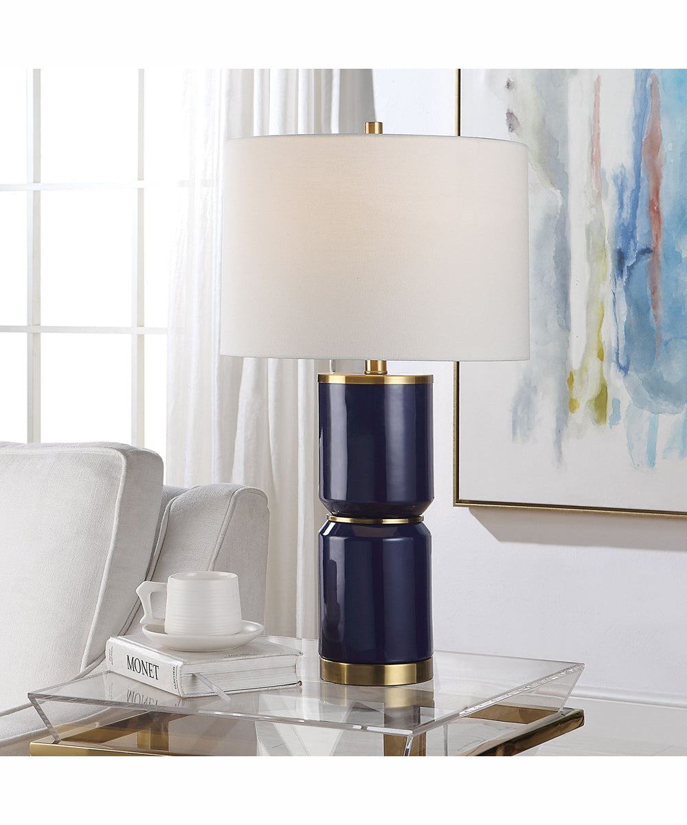 26"H 1-Light Table Lamp Ceramic and Metal in Royal Blue and Antique Gold with a Drum Shade