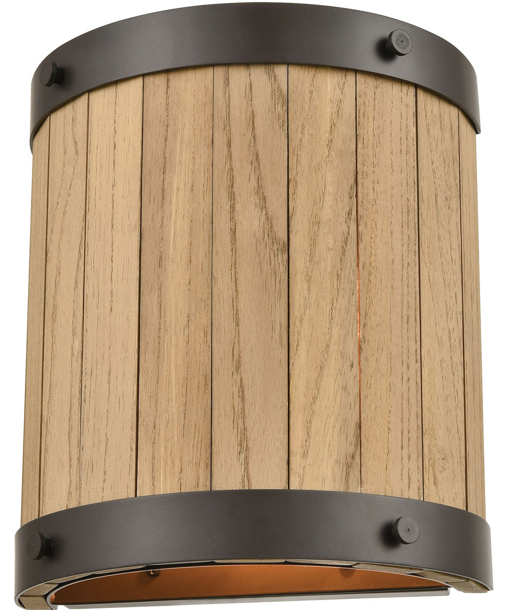 Wooden Barrel 2-Light Sconce Oil Rubbed Bronze/Slatted Wood Shade Natural