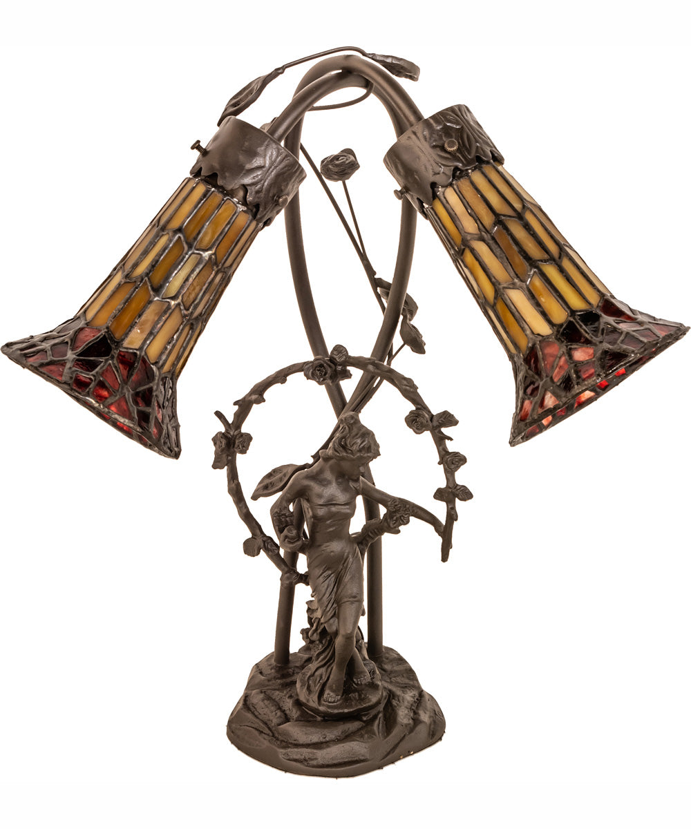 17" High Stained Glass Pond Lily 2 Light Trellis Girl Accent Lamp