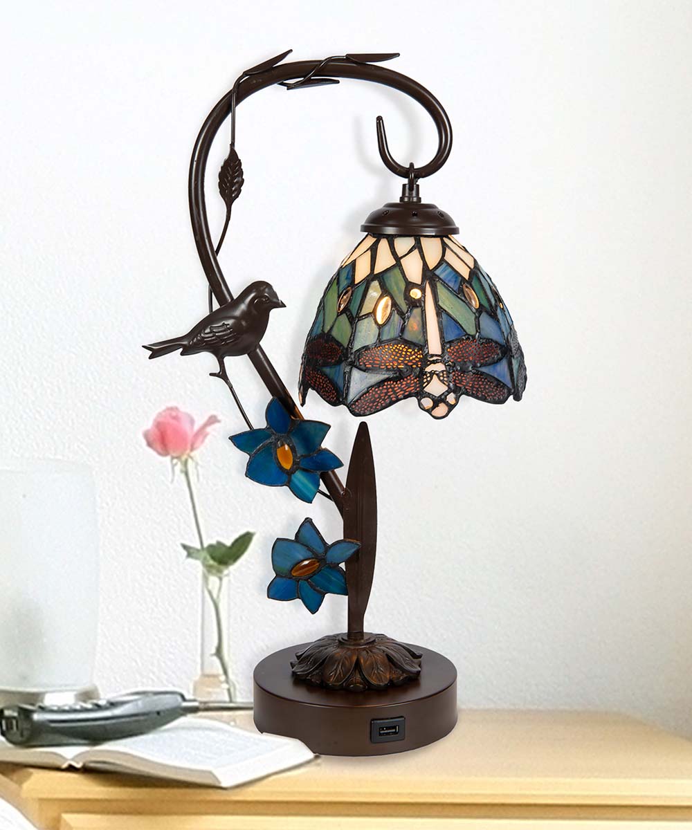Bird On Vine Dragonfly Tiffany Table Lamp