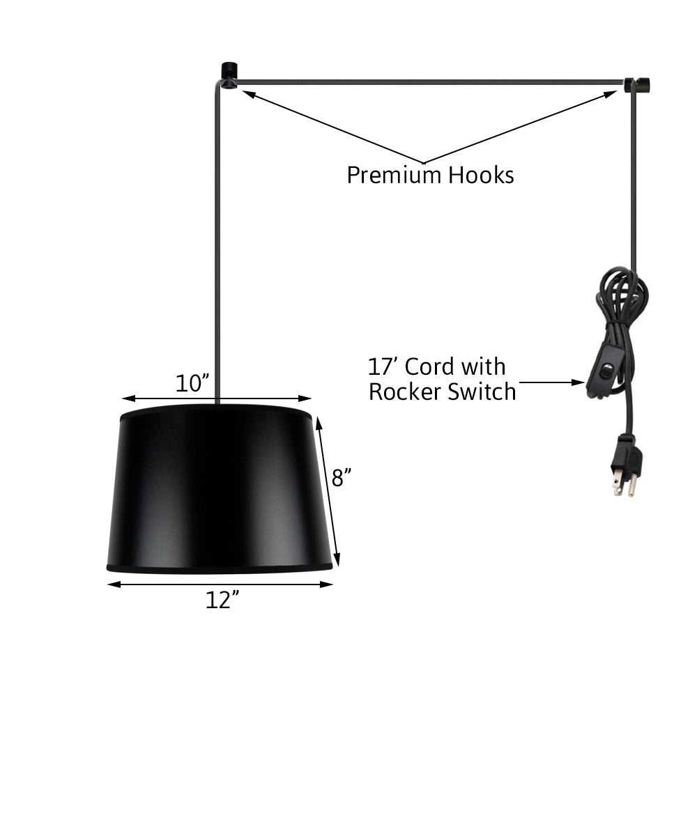 12"W 1 Light Swag Plug-In Pendant  Shallow Drum Black Shade Black Cord
