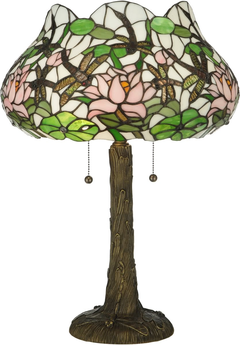 23"H Dragonfly Flower  2-Light Tiffany Table Lamp Mahogany Bronze