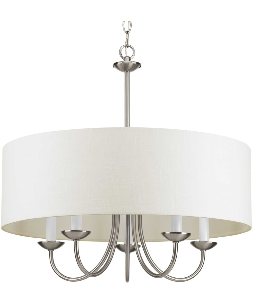 Drum Shade 5-Light White Textured Linen Shade Farmhouse Chandelier Light Brushed Nickel
