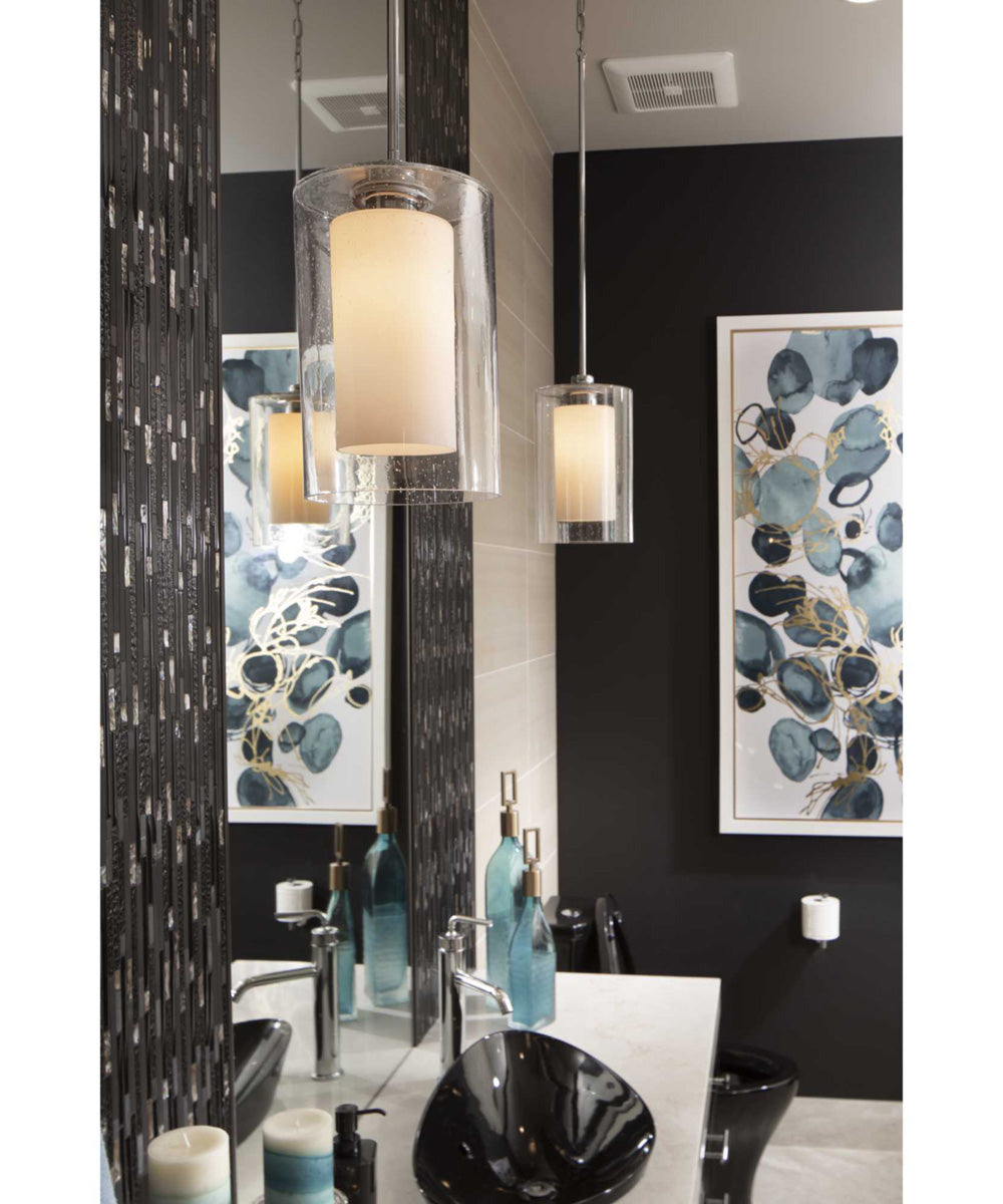 Double Glass 1-Light Etched White Inside/Seeded Glass Outside Glass Farmhouse Pendant Light Polished Chrome