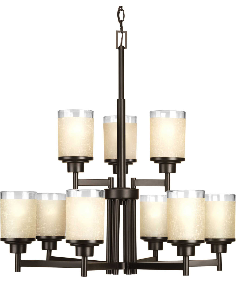 Alexa 9-Light Etched Umber Linen With Clear Edge Glass Modern Chandelier Light Antique Bronze