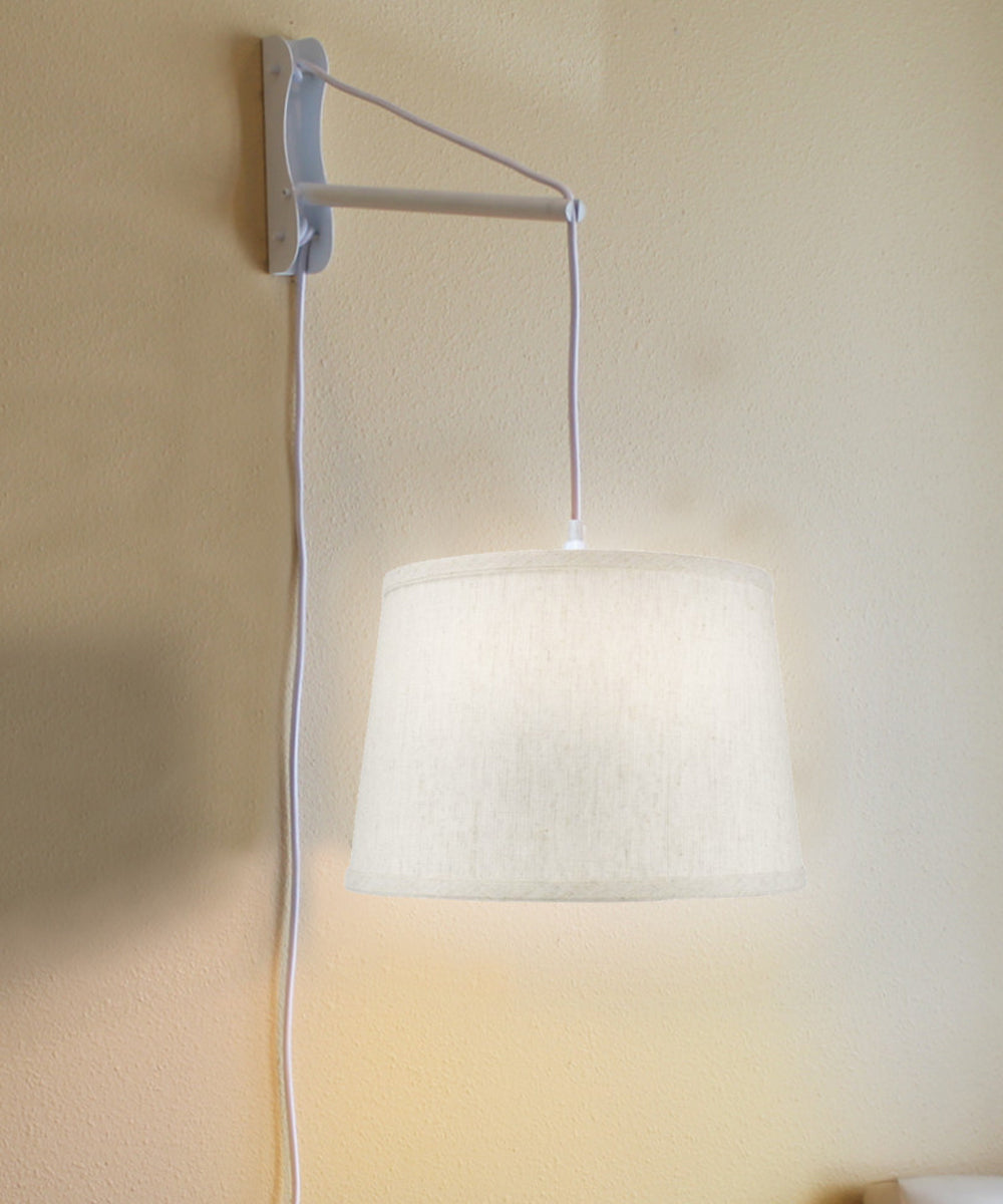 16"W MAST Plug-In Wall Mount Pendant 1 Light White Cord/Arm Shallow Drum Textured Oatmeal