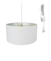 16"W 1 Light Swag Plug-In Pendant  White Linen Drum Shade White Cord