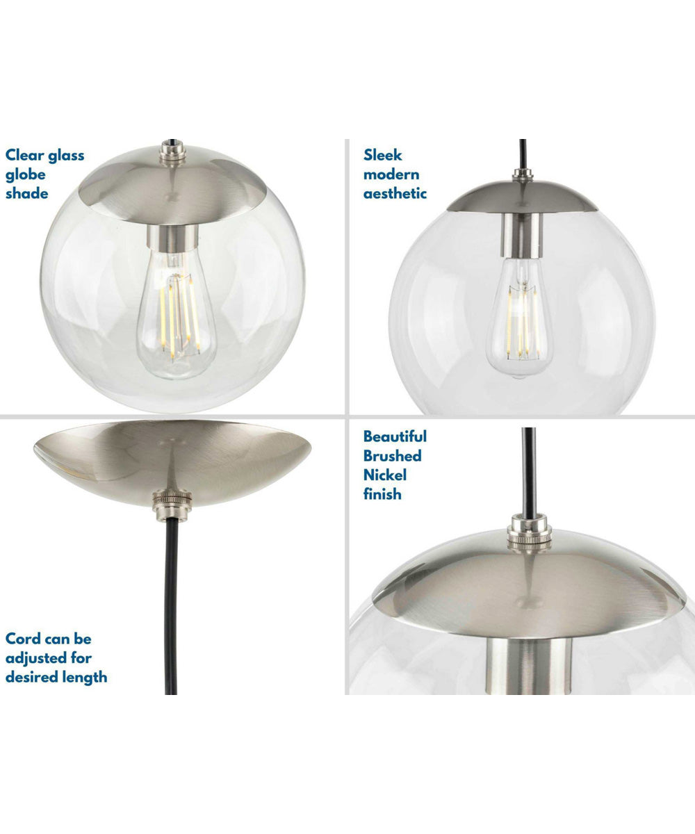 Atwell 12-inch Clear Glass Globe Large Hanging Pendant Light Brushed Nickel