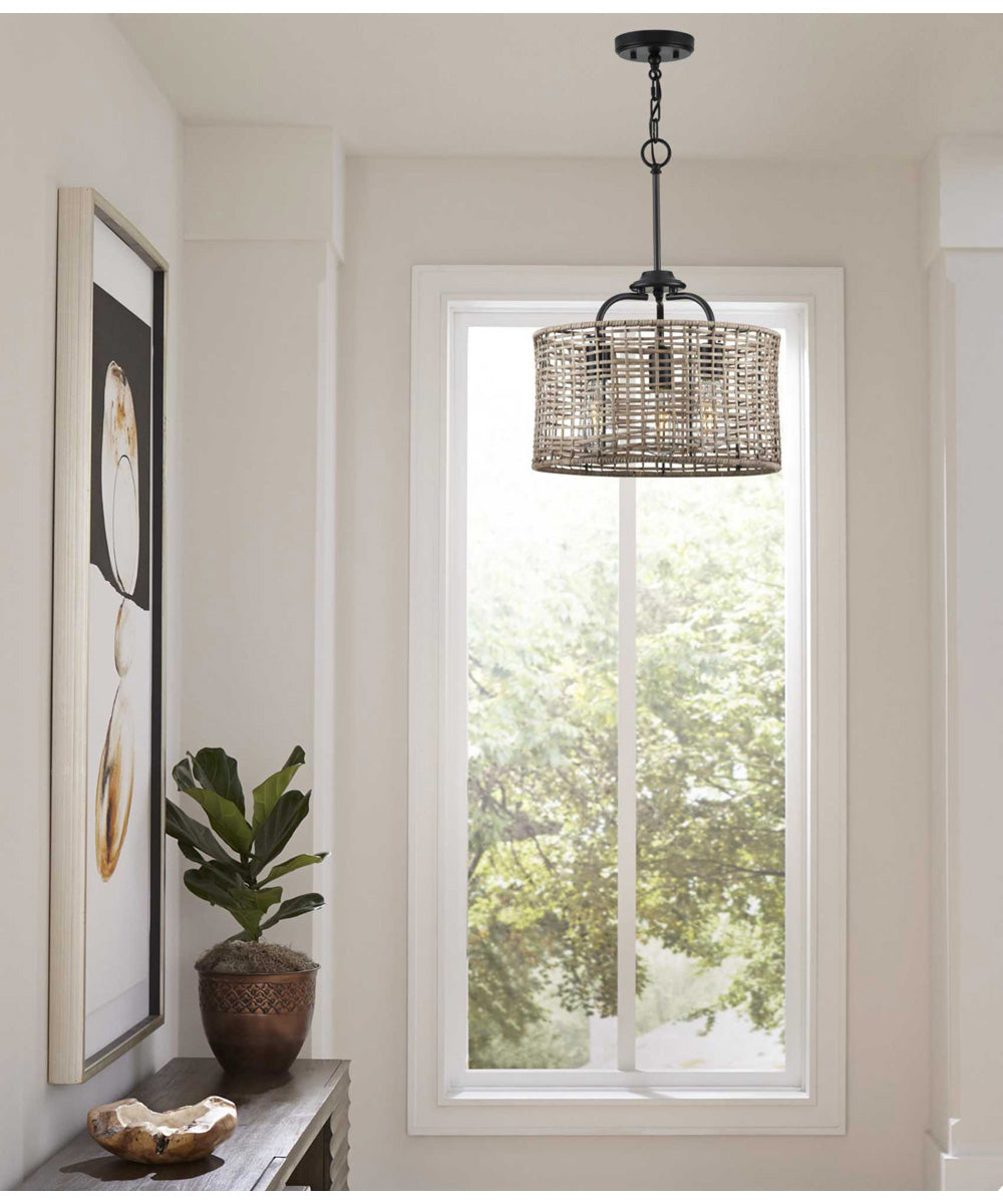 Lavelle 3-Light Mocha finish Rattan Convertible Semi-Flush Ceiling or Hanging Pendant Light Matte Black