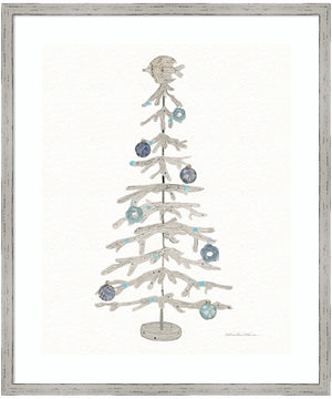 Decorative Coastal Holiday Tree IV by Kathleen Parr McKenna Wood Framed Wall Art Print (21  W x 25  H), Shiplap White Narrow Frame