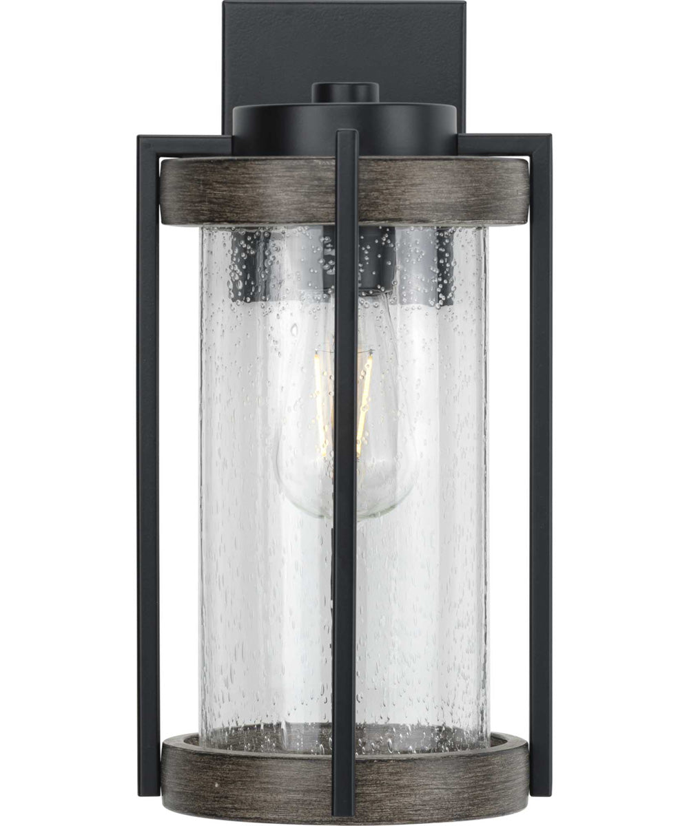 Whitmire  1-Light with Aged Oak Accents Clear Seeded Glass Farmhouse Outdoor Wall Lantern Light Matte Black