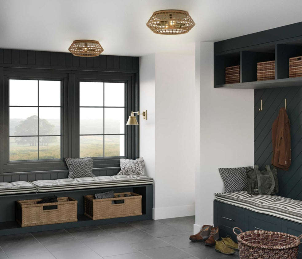 Laila 12-1/4 in. 2-Light Coastal Flush Mount with Woven Jute Accents Vintage Brass