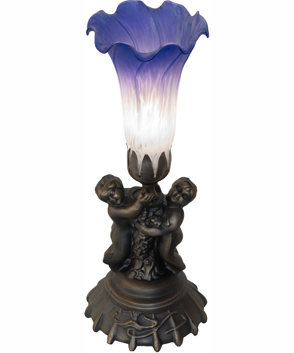 13" High Blue/White Tiffany Pond Lily Twin Cherub Accent Lamp