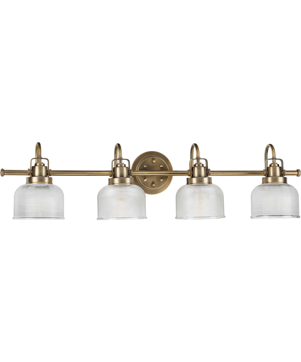 Archie 4-Light Clear Double Prismatic Glass Coastal Bath Vanity Light Vintage Brass