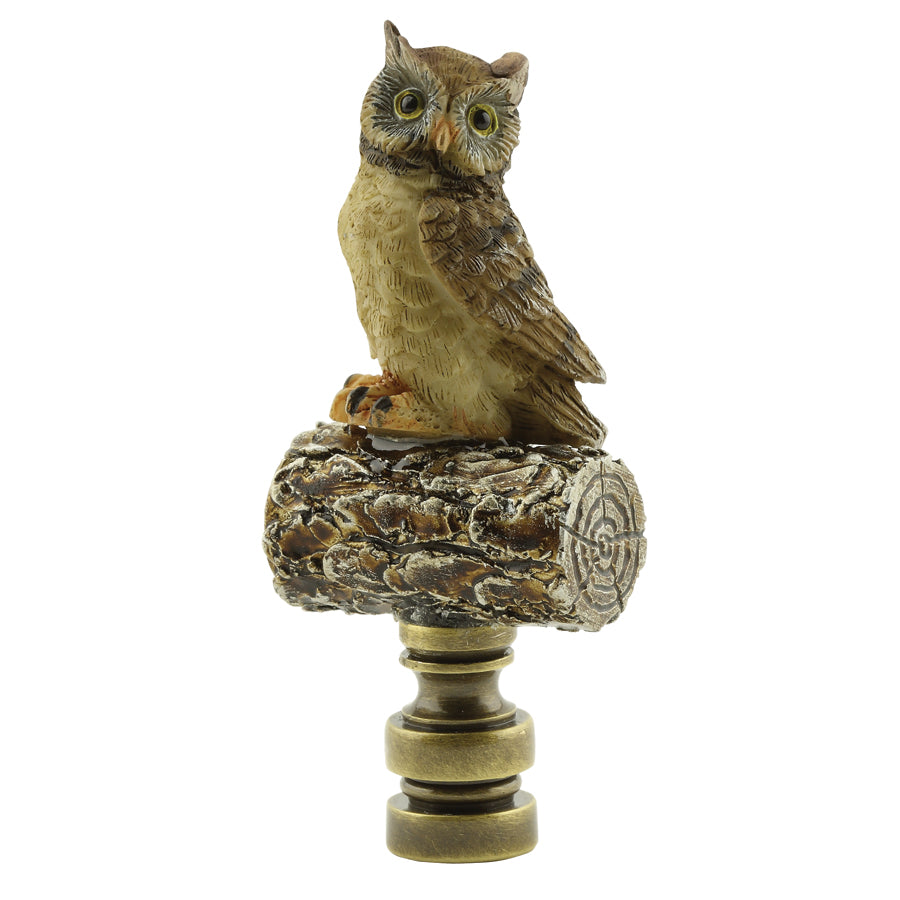 Painted Resin Owl On Log Lamp Finial with Antiqued Brass Base 3.25"h