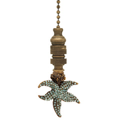 Starfish with Aagean Blue Glass Ceiling Fan Pull, 2.25"h with 12" Antiqued Brass Chain