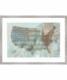 Vintage USA Map by Marie Elaine Cusson Wood Framed Wall Art Print (25  W x 18  H), Shiplap White Narrow Frame