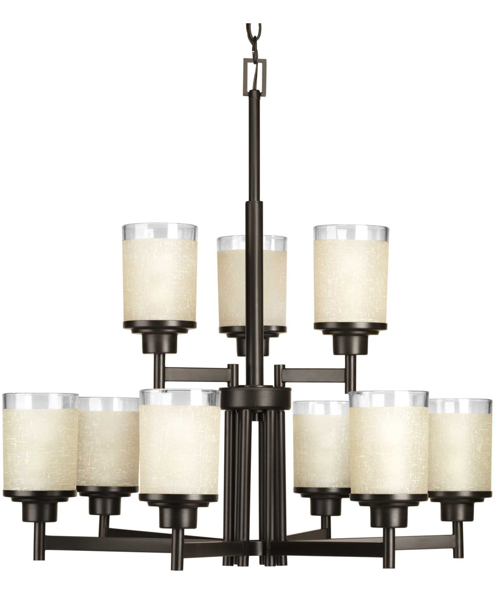 Alexa 9-Light Etched Umber Linen With Clear Edge Glass Modern Chandelier Light Antique Bronze